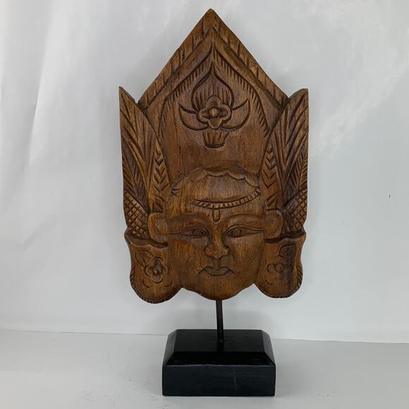 Vintage Wood Hand Carved Feather Flower Bust Head Mask Wood Base - Picture 2 of 9